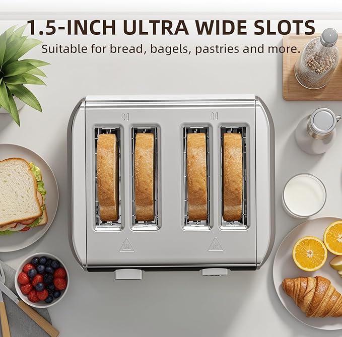 Havato 4 Slice Toaster, 6 Browning Settings, Removable Crumb Tray, Stainless Steel Bread Toaster for Bagels, Muffins, Waffles, Defrost, Cancel Button, 120V 1800W