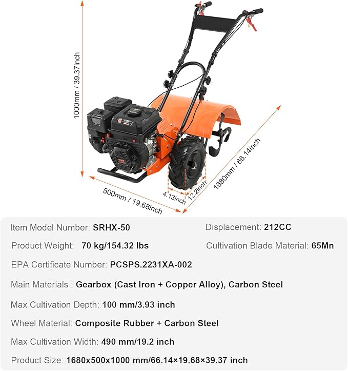 VEVOR Tiller Cultivator, 212CC 4-Stroke Garden Cultivator, Tiller with 4 Steel Adjustable Rear Tines for Lawn, Garden and Field Soil Cultivation