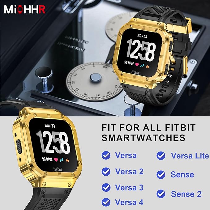 MioHHR Stainless Steel Case and Band Compatible with Fitbit Versa 4/3/2/Lite/Sense/Sense 2 Bands with Metal Case, Rugged Sports Protector Cover Silicone Wristbands for Men, Gold