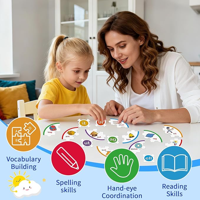 Phonics Word Puzzles for Kids, Phonetic Rhyming Game for Kindergarten, Reading Spelling Game, Toddler Speech Therapy Toys, Sight Words Games, Short Vowel Sound Blends for Preschool Learning