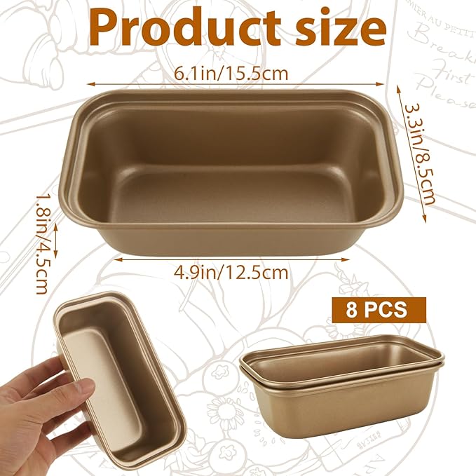 Oungy 8 PCS Mini Loaf Pans for Baking Bread Nonstick Carbon Steel Small Meatloaf Pan Set 6.1 x 3.3 Inch Golden Bread Tins for Homemade Cake Sourdough and Meatloaf