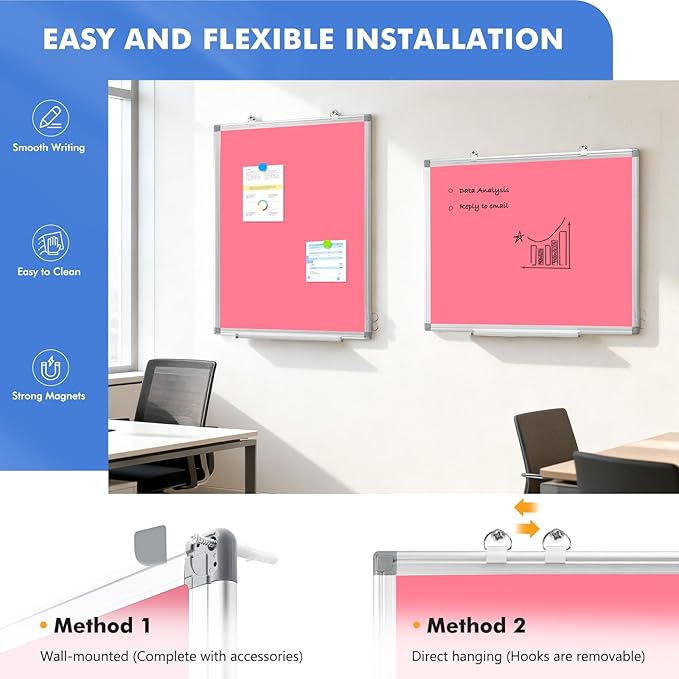 WALGLASS Magnetic Whiteboard 36"x24" Dry Erase White Board for Walls with Pen Tray, Aluminium Frame and Dry-Wipe Writing Surface for Drawing, Home, and Office (Pink)