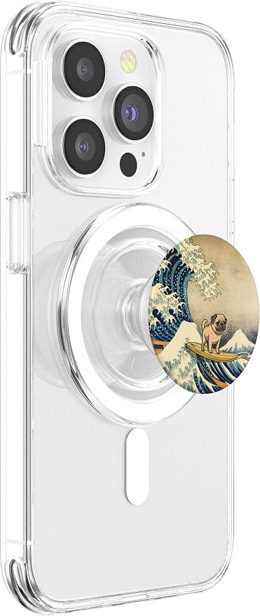 Surfing Pug Kanagawa Wave Japanese Dog Funny PopSockets Adhesive PopGrip