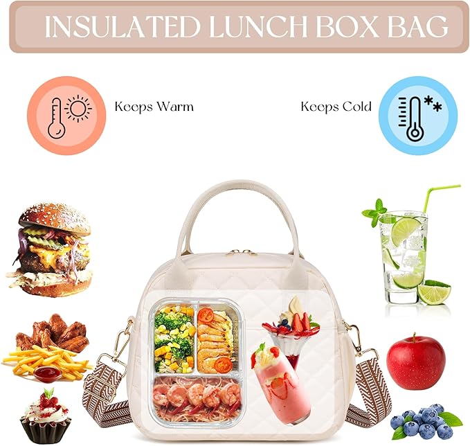 CAMTOP Lunch Box for Women Insulated Lunch Bag Lunchbox Cooler Thermal Leakproof Quilted Reusable Lunch Tote Bag for Work School Travel Picnic (Z-Beige)