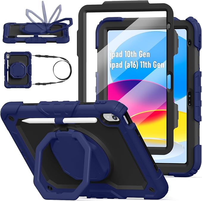 Case for iPad (A16) 11th/10th Generation 11/10.9 2025/2022 Black | Full-body Heavy Duty iPad A16 Case for Adults Kids with Screen Protector 360° Rotating Stand Shoulder Strap Pencil Holder