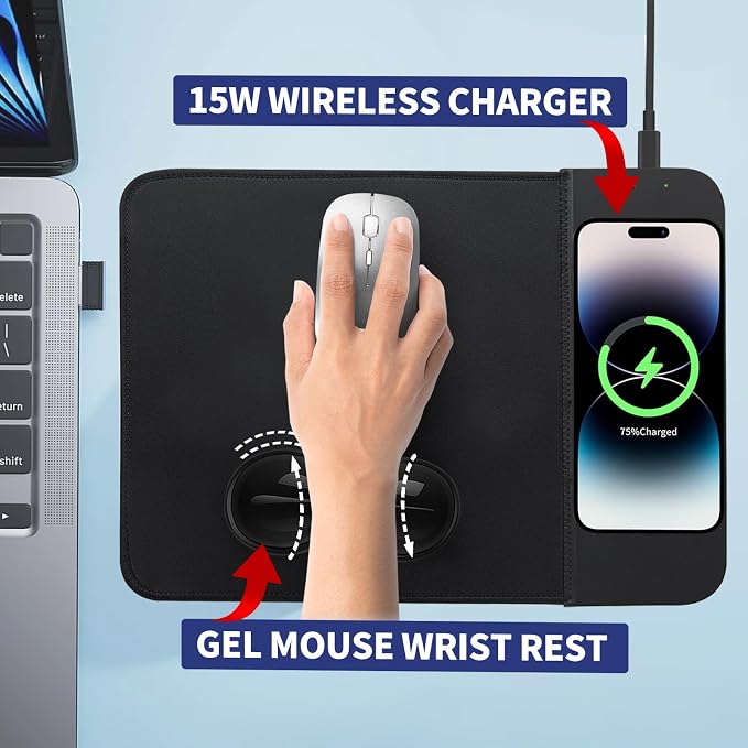 Portable Mouse Pad (8.66x11.8) with 15W Wireless Charging and Gel Wrist Rest - Foldable Travel Desk Mat Compatible with iPhone/Samsung