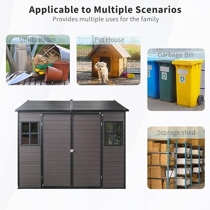 8x6 FT Outdoor Storage Resin Shed with Floor, Plastic Garden Tool Shed with Sloped Roof, Lockable Door & Windows, Easy to Assemble Bike Shed for Lawn, Backyard, Patio, Brown
