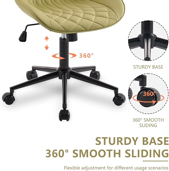 YOUNIKE Home Office Desk Chair with Wheels Comfy Small Modern Vanity Chair with Back Ergonomic Swivel Adjustable Armless Cute Leather Upholstered Rolling Task Chair no Arms Avocado Green