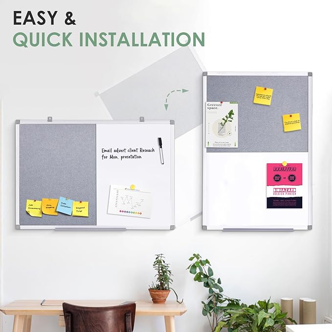 S SWANCROWN 2 in 1 Combo Board Magnetic Whiteboard & Felt Board,Dry Erase Board Bulletin Board Vision Board for Wall,Home,School,Office,24x18inches
