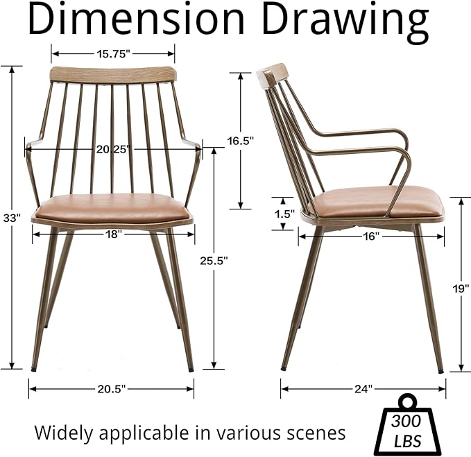 Modern Dining Chairs Set of 6, PU Upholstered Dining Chairs with Metal Legs, Wood Kitchen Chairs with Fence-Like Back and Curved Arm for Dining Room Kitchen Restaurant Reception (Brown)