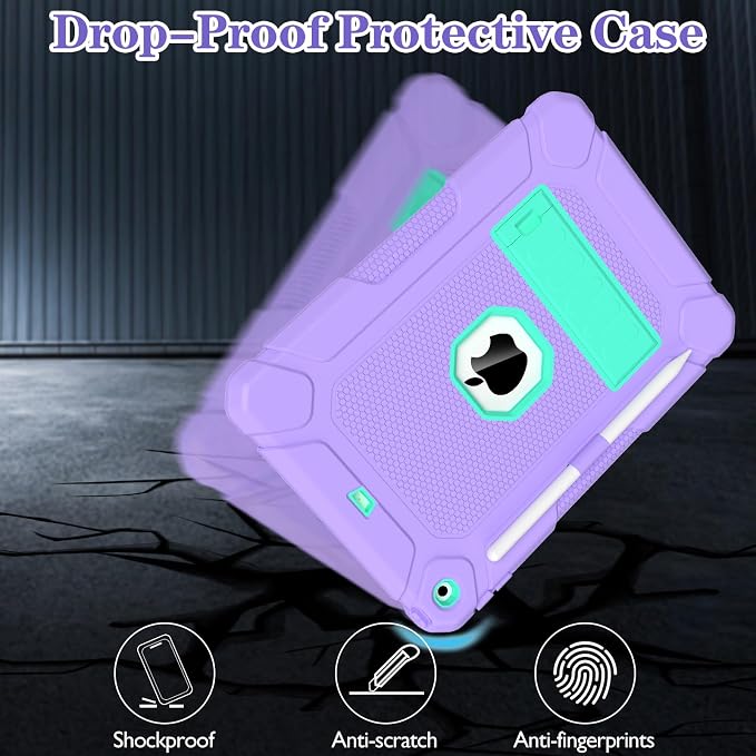LTROP Case for iPad 10.2-Inch 9th/ 8th/ 7th Generation (2021/2020/ 2019) with Pencil Holder &amp Kickstand Hybrid Shockproof Rugged Protective Case for iPad 9/8/ 7 Gen 10.2 Purple and Green