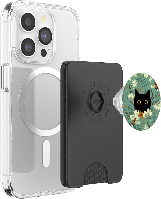 Black Cat Hiding in Garden Flowers with Bees Cute Floral PopSockets PopWallet for MagSafe