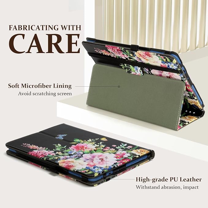 Fancity Case for Kindle Fire HD 10/10 Plus 13th/11th Generation 2023/2021 | Premium PU Leather Protective Case with Adjustable Angles Auto Wake/Sleep Hand Strap for Fire HD 10/10 Plus Black Floral