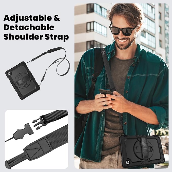Junfire Shockproof Case for Lenovo Tab 10.1 (TB-311XU/TB-311FU) 2025 2026 | Screen Protector 360 Rotating Kickstand Hand Strap Shoulder Belt Black