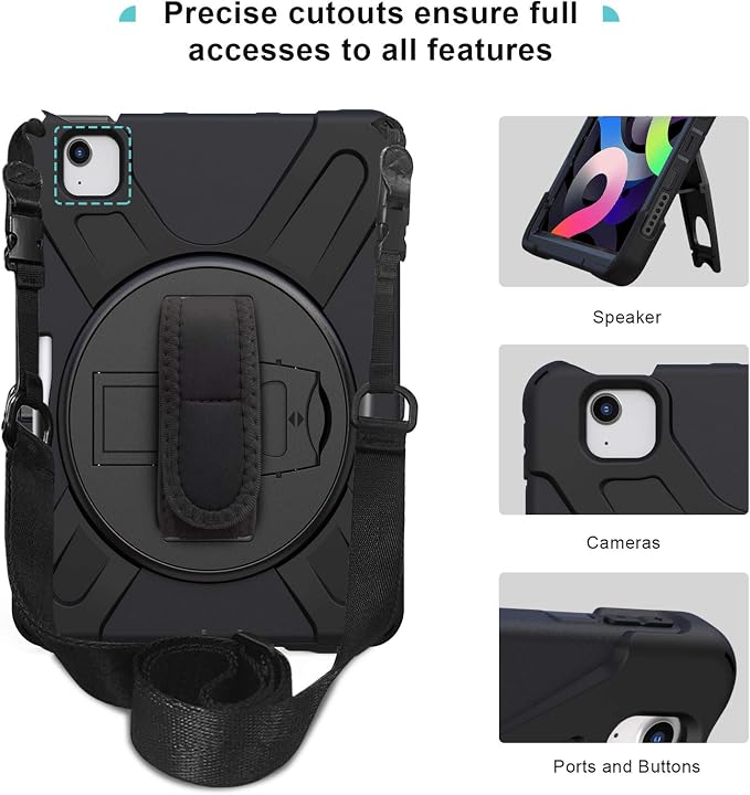 ProCase Rugged Case for iPad Air 11 inch (M2) 2024/ Air 5th / 4th Gen 10.9 Heavy Duty Shockproof Cover with Hand Strap 360 Degree Rotatable Kickstand -Black