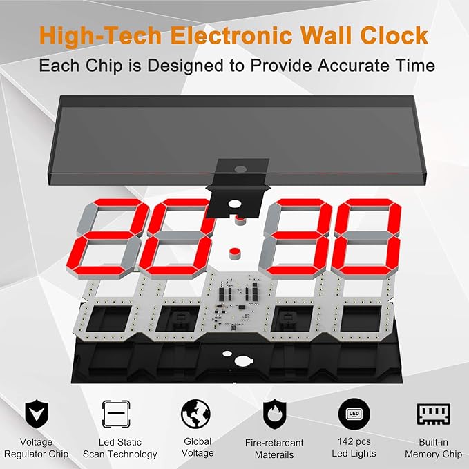 CHKOSDA LED Large Digital Wall Clock, Oversize Wall Clock with 6” Numbers, Remote Control Count up/Countdown Timer Clock, Auto Dimmer, Big Calendar and Thermometer(Red)