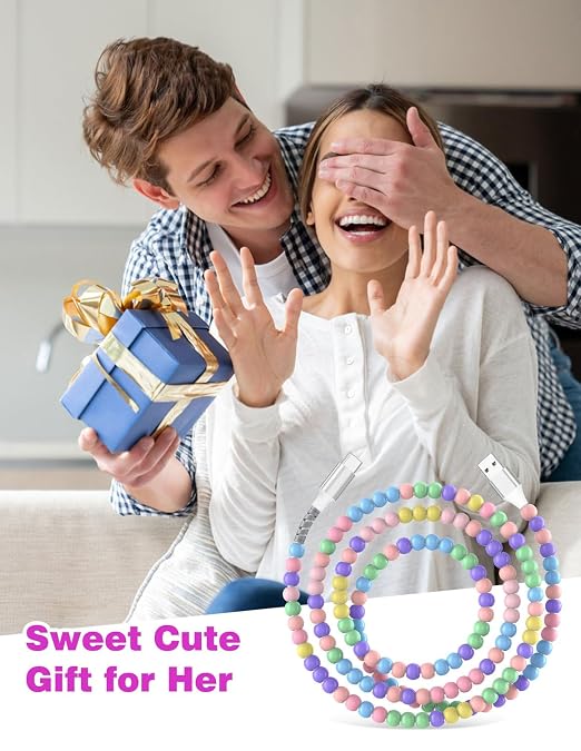Jelanry 3FT USB-A to USB-C Fast Charging Cable Beaded &ampData Sync Women Girl | Cute kawaii beaded cable for iPhone 17/16/15 Samsung S26/S25/S24 Pixel iPad Fast charge for daily use office &amp tra