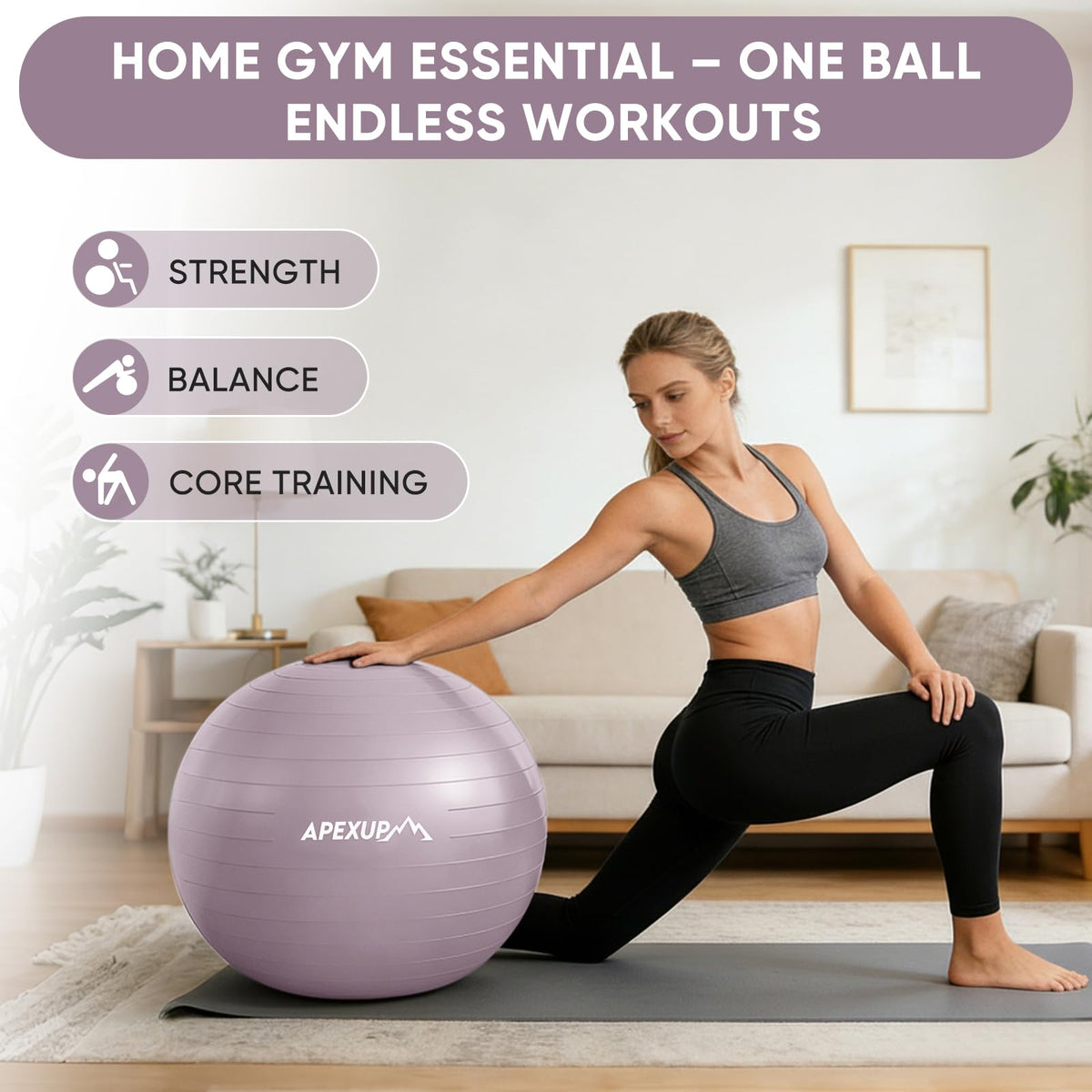 APEXUP Yoga Ball, 660 lbs Anti-Burst Exercise Ball with Pump, 5 Sizes