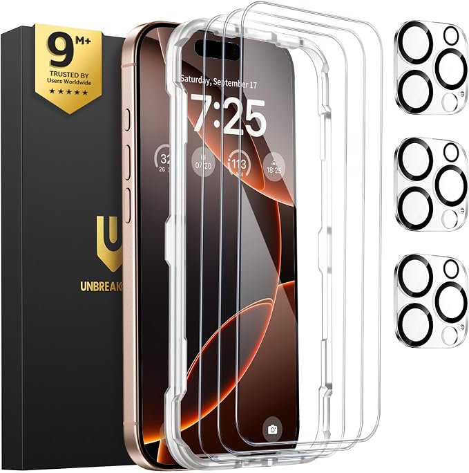 UNBREAKcable iPhone 15 Screen Protector 3-Pack Upgraded Dual-Tempered Glass + 3 Camera Lens Protectors Military-Grade 9H Hardness HD Clarity Anti-Fingerprint Case Friendly 6.1 Inch | Upgraded Du