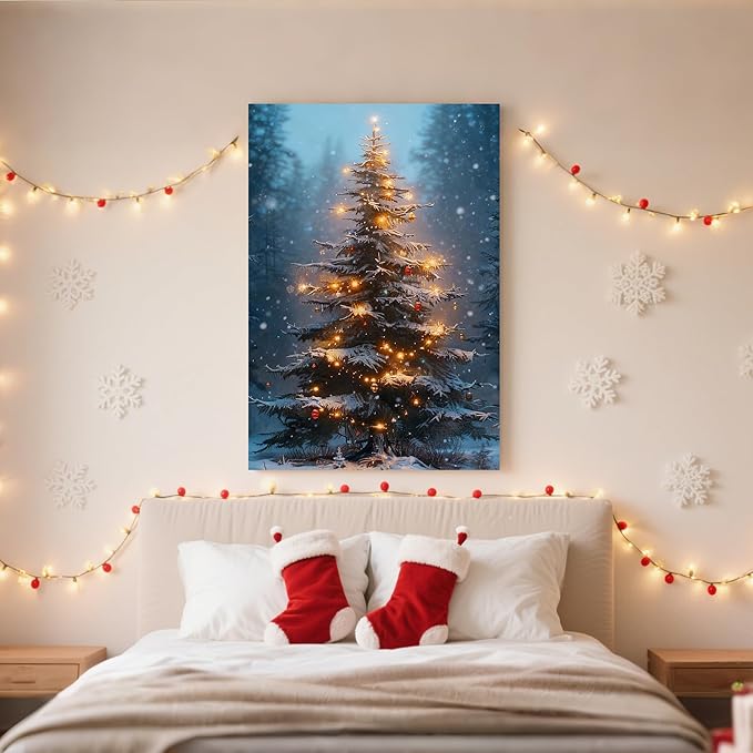 Framed Christmas Pictures Wall Decor,Vintage Pine Tree Prints,Winter Christmas Canvas Wall Art Decoration for Bedroom Bathroom Living Room Rustic Xmas Holiday Gifts (Christmas Tree 3, 12'' X 16'')