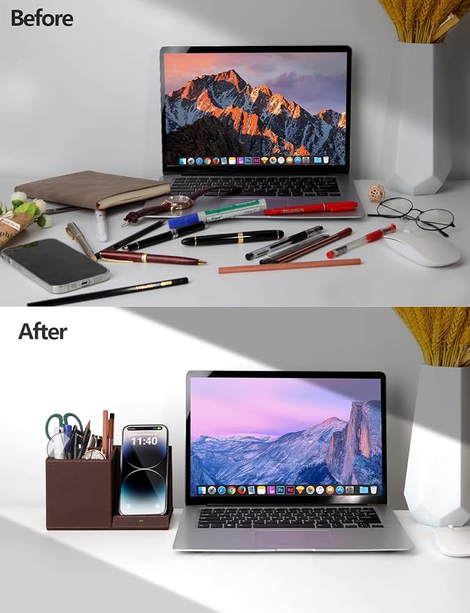 Bamboo Pen Holder for Desk &amp Nightstand Organizer with Fast Wireless Charging for iPhone Samsung &amp More – Office Desk Accessories for Men/Women (Bamboo)