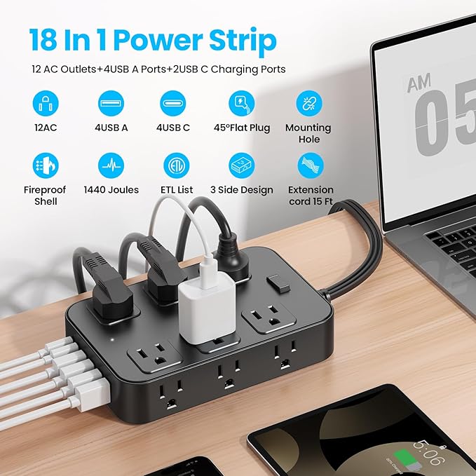 Solidock Flat Plug Power Strip Surge Protector with 12 AC Outlets 6 USB Ports 3 Side Multi Plug Outlet Extender 15 Ft Extension Cord for Home Office Kitchen Dorm Wall Desk Charging Station ETL Listed