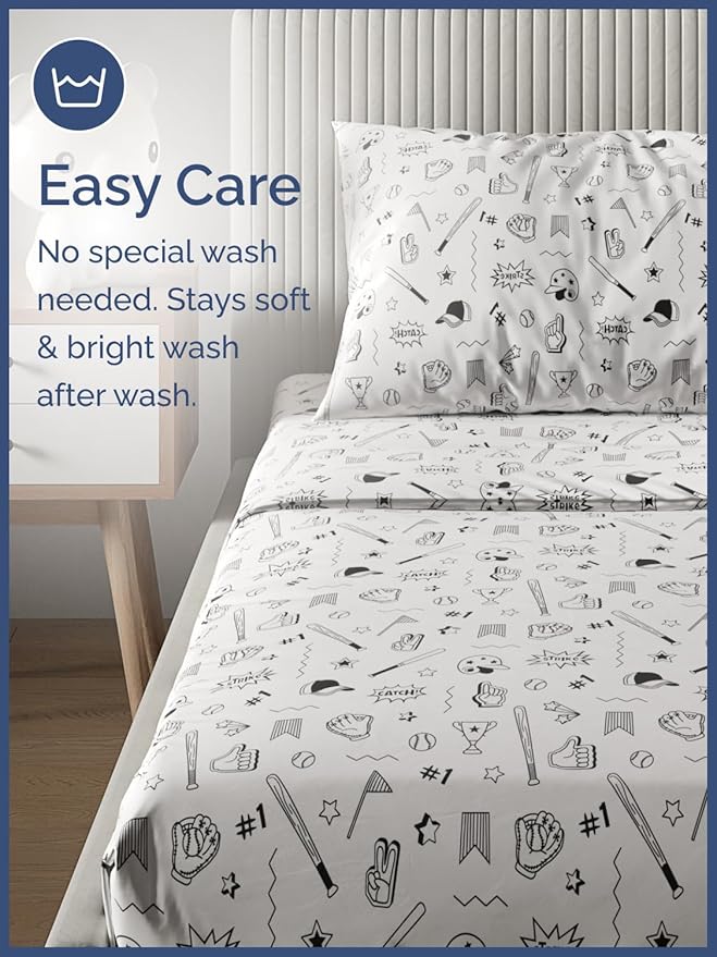 Kids Baseball Full 4 Piece Sheet Set - Boys, Girls, Teens, Toddler - Easy Fit Deep Pockets - Breathable, Hotel Quality Bedding Sheets - Machine Washable - Wrinkle Free - Cute, Cozy, Soft - CGK Linens