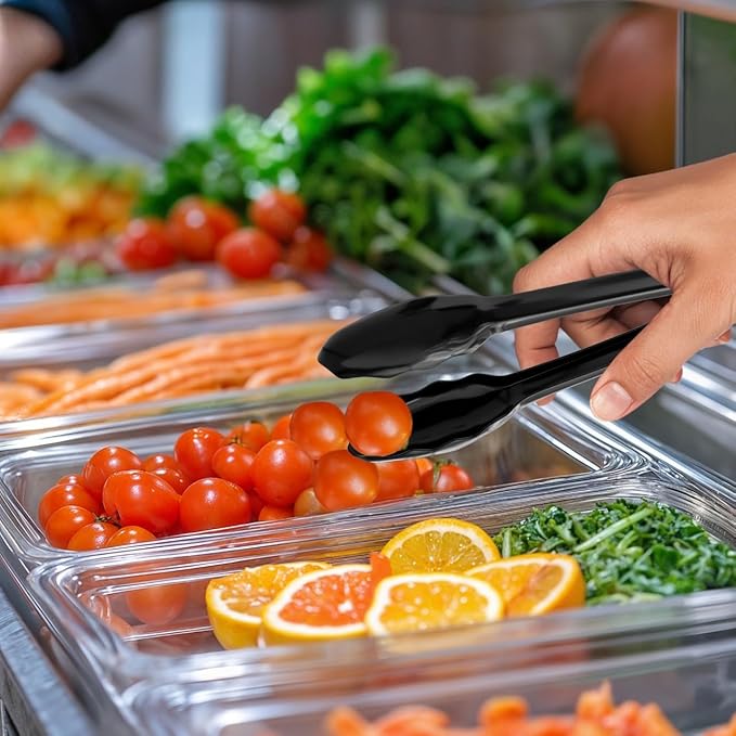 12 Pack 9 Inch Large Plastic Serving Tongs For Buffet - Plastic Serving Utensils For Hot And Cold Food - Disposable Serving Tongs For Parties, Holidays And Gatherings (Black)