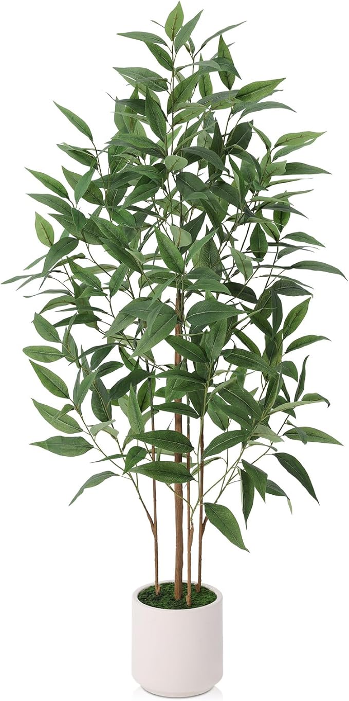 Artificial Eucalyptus Tree，4FT UV Resistant Fake Outdoor Plants,Artificial Plants Indoor with White Planter,Silk Leaves,Faux Tree for Home Decor Floor Porch Liveing Room