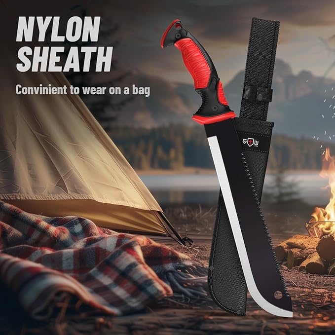 Machete with Saw 25" / 19" Heavy Duty Tool & Sheath - Ergonomic No-Slip Handle - Survival Knife with Serrated Blade - Machetes for Bushcraft Hunting Garden Cutting Trees and Yard Work