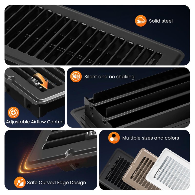 2x14 Floor Register, Matte Black Vent Cover 4 Pack, Heavy Duty Steel Walkable Floor Vents, Floor Register Vents with Easy Adjust Air Supply Lever, Rust Proof Finish Registers Grilles