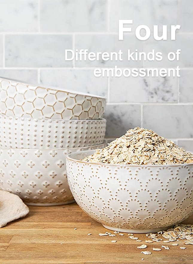 LE TAUCI Cereal bowls 26 oz, Ceramic Soup Bowl for Kitchen, Embossment Stoneware Bowl for Pho, Chip, Fruits, Salad, Noodle, Ramen, Suit For Housewarming - 6 Inch, Set of 4, Arctic white