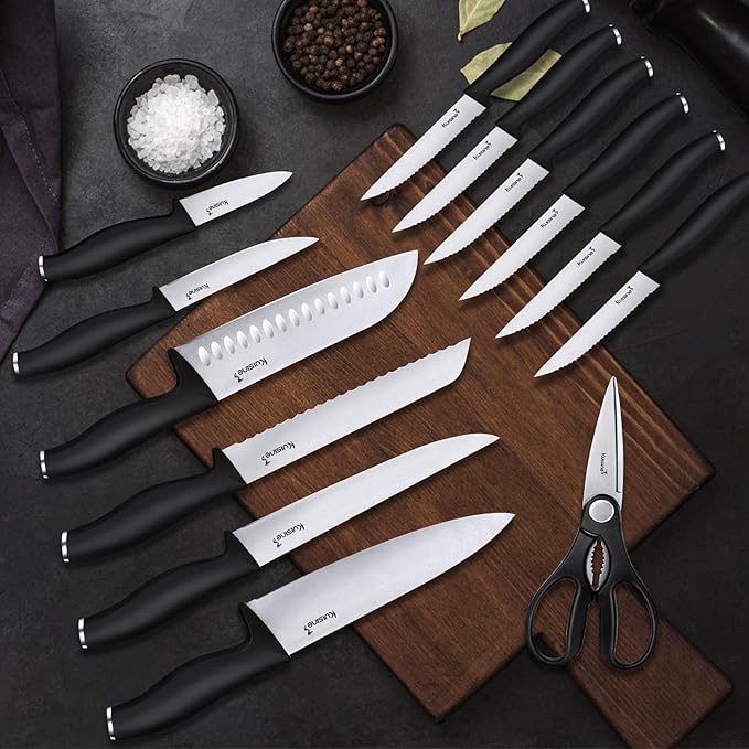 Kuisine Knife Set 15 pieces High Carbon Stainless Steel Professional Kitchen Knife block set with Sharpener Black