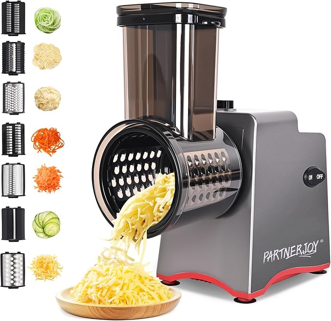PARTNERJOY Electric Cheese Grater 250W, 7-in-1 Salad Maker & Vegetable Slicer Shredder with Widened Feeding Port for Block Cheese, Carrots, Potatoes & Fruits, Professional Food Grating Machine