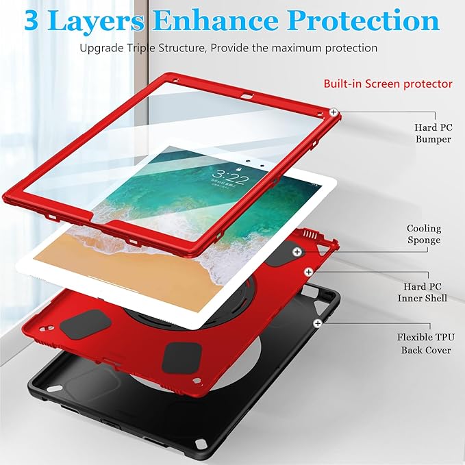 iPad Pro 12.9 Case 2nd Generation 2017 & 2015 1st Generation, Heavy Duty Rugged TPU Protective Cover with Screen Protector- Stand + Handle Hand & Shoulder Strap + Pencil Holder- Red+Black