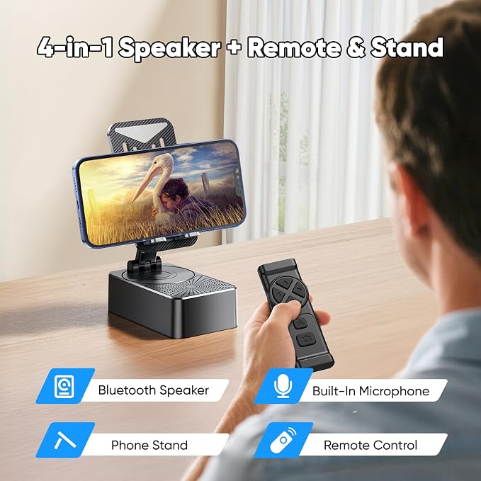 Phone Stand with Speaker with Bluetooth 5.3Phone Stand with Remote Control &amp Adjustable Height/AngleNon-Slip Silicone BasePortable for Home/Office/OutdoorGifts for Men Women Teens Parents