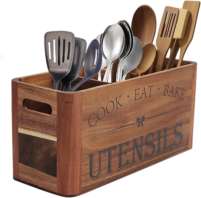 Utensil Holder for Kitchen Countertop - Extra Large 4 Compartment Wooden Organizer in Acacia Wood, Storage for Cooking Tools and Cutlery, Farmhouse Style for Home Cooking