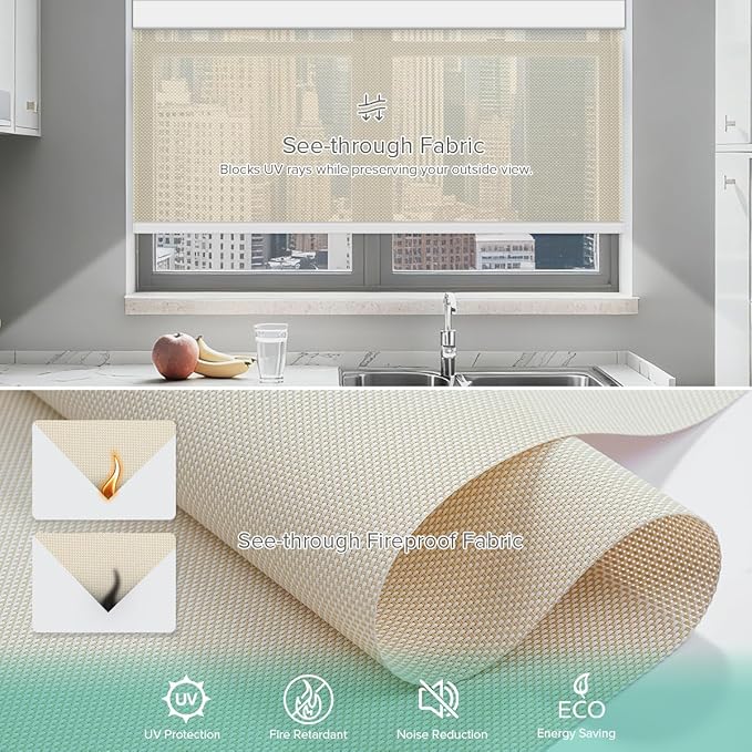 Kilonity Motorized Roller Shades, Light Filtering Remote Control Custom Window Shades Compatible with Alexa Google Assistant via RF Hub, Rechargeable Electric Blinds for Windows (Fireproof Beige)