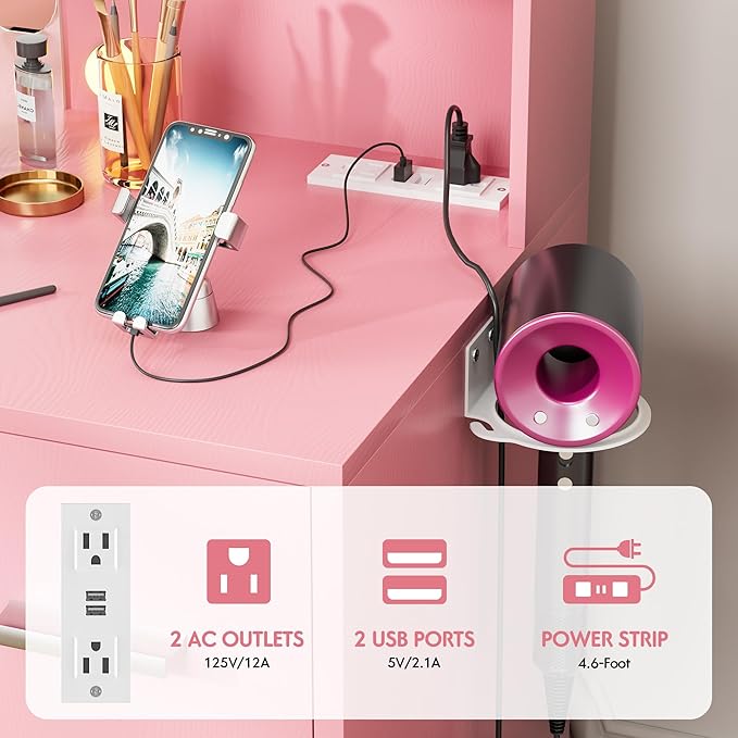 VICTONE Vanity Desk with LED Lighted Mirror&Power Outlet, 3 Model Lights Makeup Vanity Table with 7 Drawers and 6 Storage Shelves for Bedroom and Dressing Room (Light Pink)