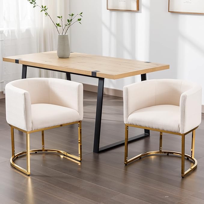 Linen Fabric Dining Chairs Set of 4 Modern Barrel Arm Chairs with Golden Frame, Upholstered Kitchen Chairs 18.5" Wide Accent Chairs for Living Room Dining Room Restaurant, Cream
