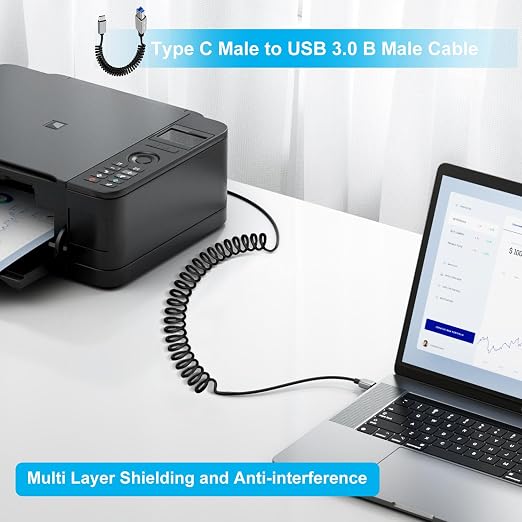 Coiled USB A to B Printer Cable Coiled USB 3.0 Printer Cable Super Speed 5Gbps for Scanner External Hard Drives Multifunction Printers (Type A 1 m)