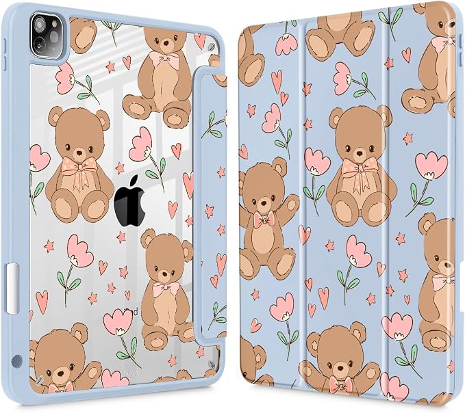 May Chen Case for iPad 12.9 Inch (6th/5th/4th/3rd Generation 2022/2021/2020/2018) Pencel Holder + Trifold Support Auto Sleep/Wake Transparent Shockproof Back Cover Blue Bows