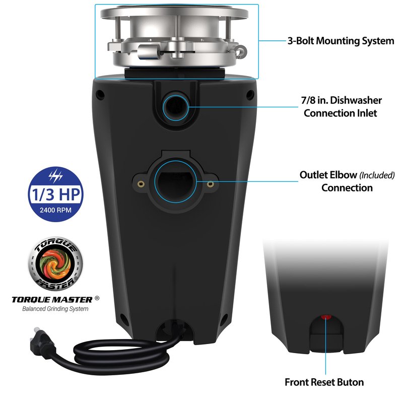Eco Logic 1/3 Horsepower Garbage Disposal with Removeable Splash Guard, Attached Power Cord and Standard 3-Bolt Mounting System, Continuous Feed Disposer
