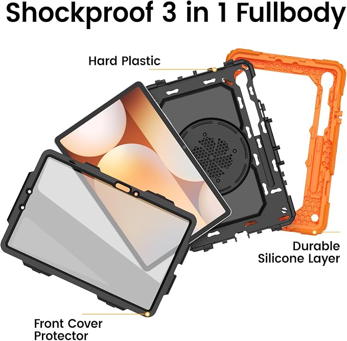HXCASEAC Case for Galaxy Tab S10 lite / S10 FE / S9 FE 10.9 Inch Shockproof | 360° Rotating Stand | S Pen Holder | Screen Protector | Shoulder Strap | Samaung S10 Lite Tablet Case Kids Black