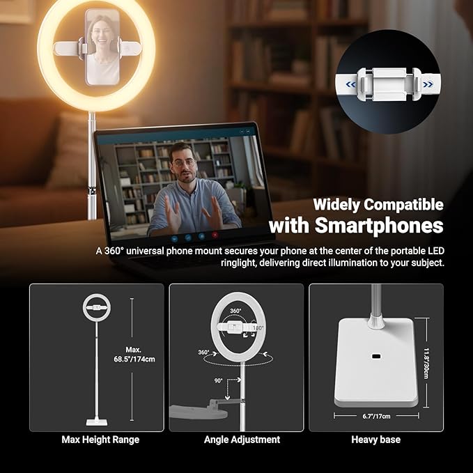 NEEWER Entry Level Version 10" 7W LED Ring Light with Stand/Phone Holder Mount/3 Color Modes, 69" Telescopic Selfie Ringlight, Lighting for iPhone Streaming Makeup Lash Studio Video Recording, N18