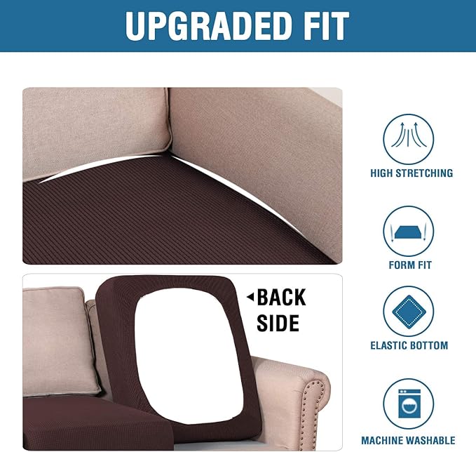 H.VERSAILTEX Super Stretch Individual Seat Cushion Covers - Sofa & Couch Cushion Slipcover Sets - Thick Jacquard Textured Twill Fabric (3 Piece XL, Chocolate)