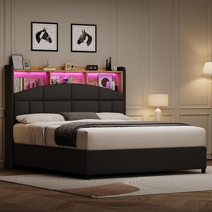 Queen Bed Frame with Headboard and LED Lights, Velvet Upholstered Bed Frame with Wooden Slats Support, No Box Spring Needed, No Noise, Black