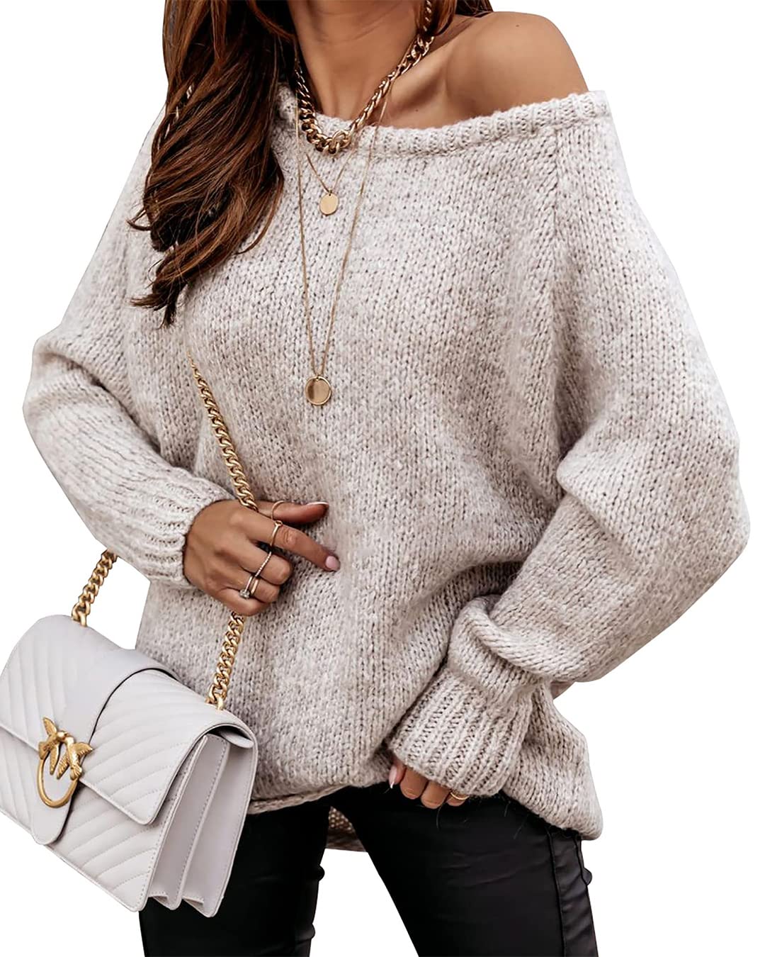 BTFBM Women Casual Long Sleeve Fall Sweaters Off The Shoulder Sweater