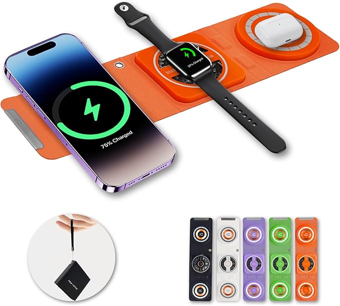 Fold 'N Style 3-in-1 Foldable Magnetic Wireless Charger Keychain 15W Travel Fast Charger for iPhone 15/14/13/12 Pro/Max/Plus Apple Watch AirPods Samsung Galaxy/Note Charge 2 Phones Simultaneously