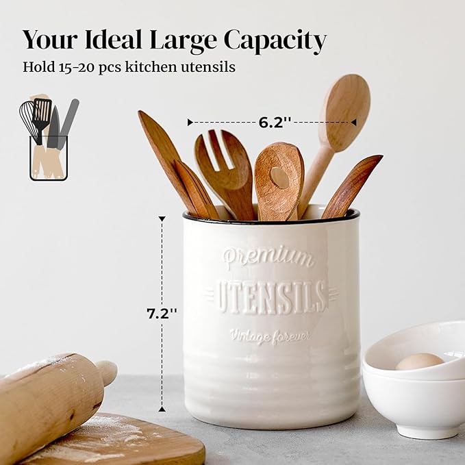 DOWAN 7.2″ Extra Large Kitchen Utensil Holder, Farmhouse Utensil Holder for Countertop, Ceramic Utensil Crock with Protection Cork Mat, Utensil Organizer for Kitchen Decor & Housewarming Gift, White